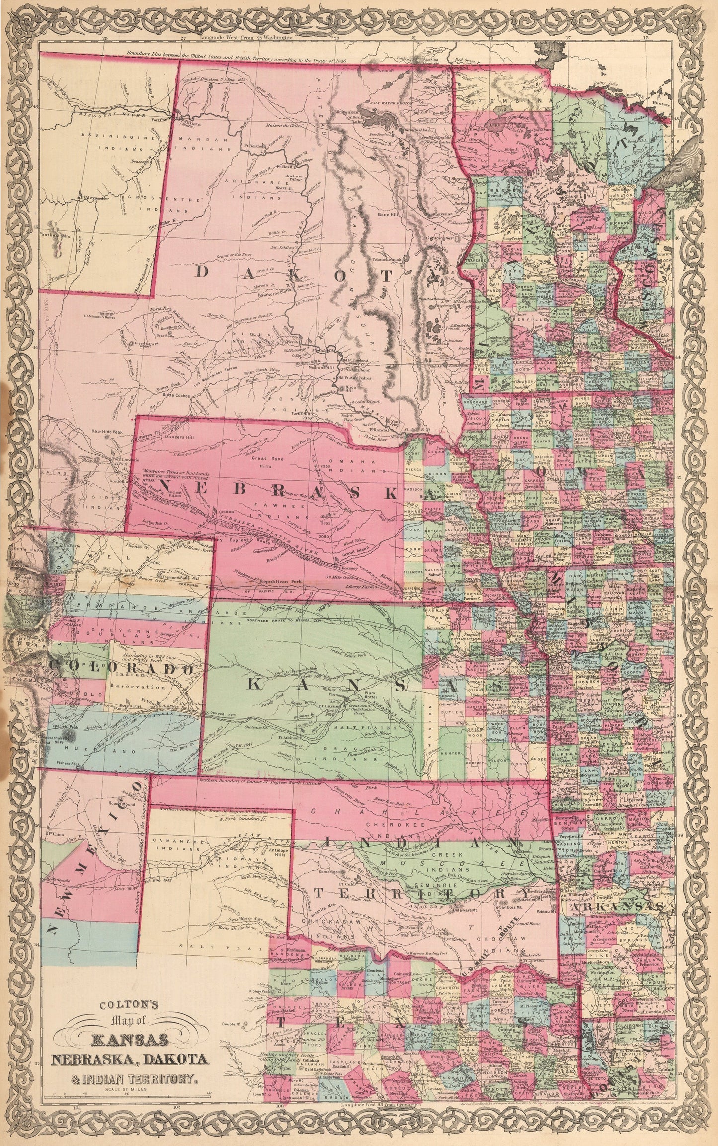 1864 Colton¡¯s Map of Kansas, Nebraska, Dakota & Indian Territory.