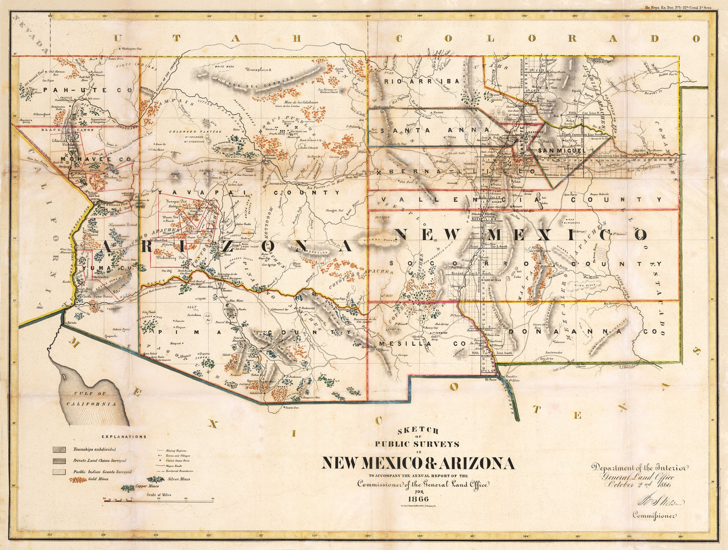 1866 Sketch of Public Surveys in New Mexico & Arizona...