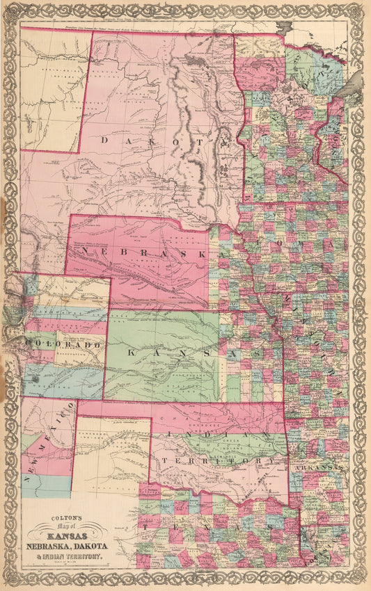 1864 Colton¡¯s Map of Kansas, Nebraska, Dakota & Indian Territory.