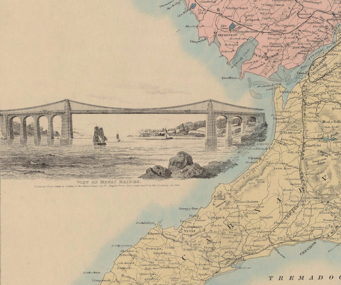 North Wales Map showing Railways, Tramways, Mail Coach Roads, Turnpike Roads 1882