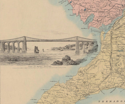 North Wales Map showing Railways, Tramways, Mail Coach Roads, Turnpike Roads 1882