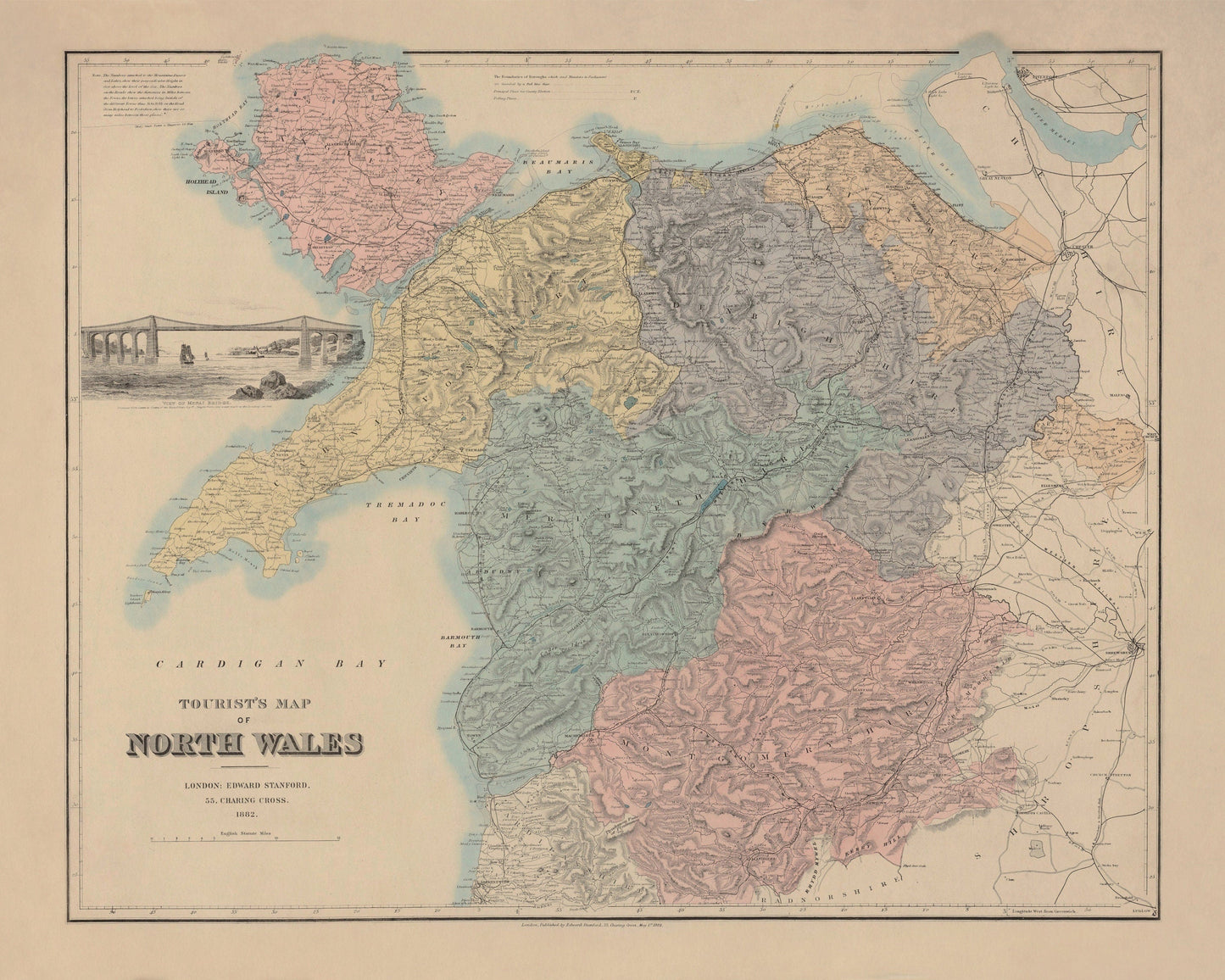 North Wales Map showing Railways, Tramways, Mail Coach Roads, Turnpike Roads 1882