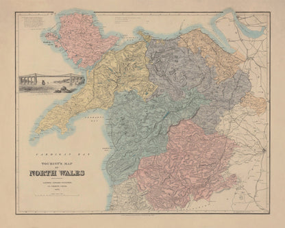 North Wales Map showing Railways, Tramways, Mail Coach Roads, Turnpike Roads 1882