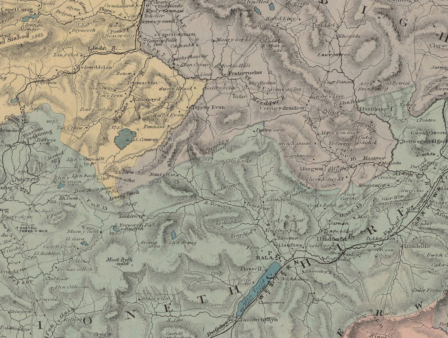 North Wales Map showing Railways, Tramways, Mail Coach Roads, Turnpike Roads 1882