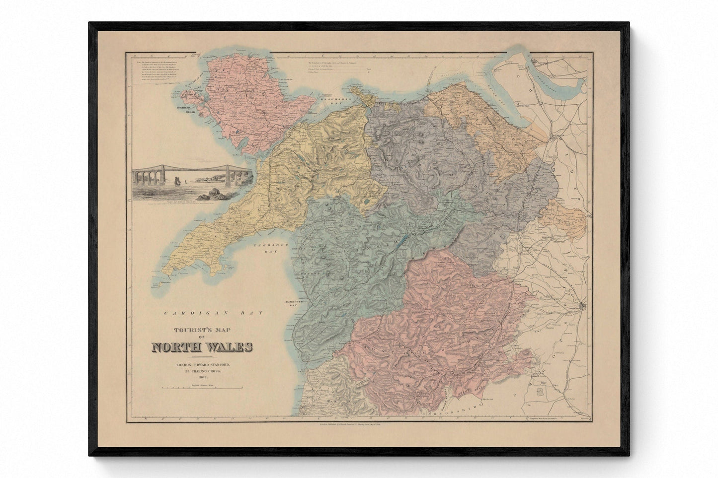 North Wales Map showing Railways, Tramways, Mail Coach Roads, Turnpike Roads 1882