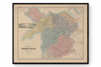 North Wales Map showing Railways, Tramways, Mail Coach Roads, Turnpike Roads 1882