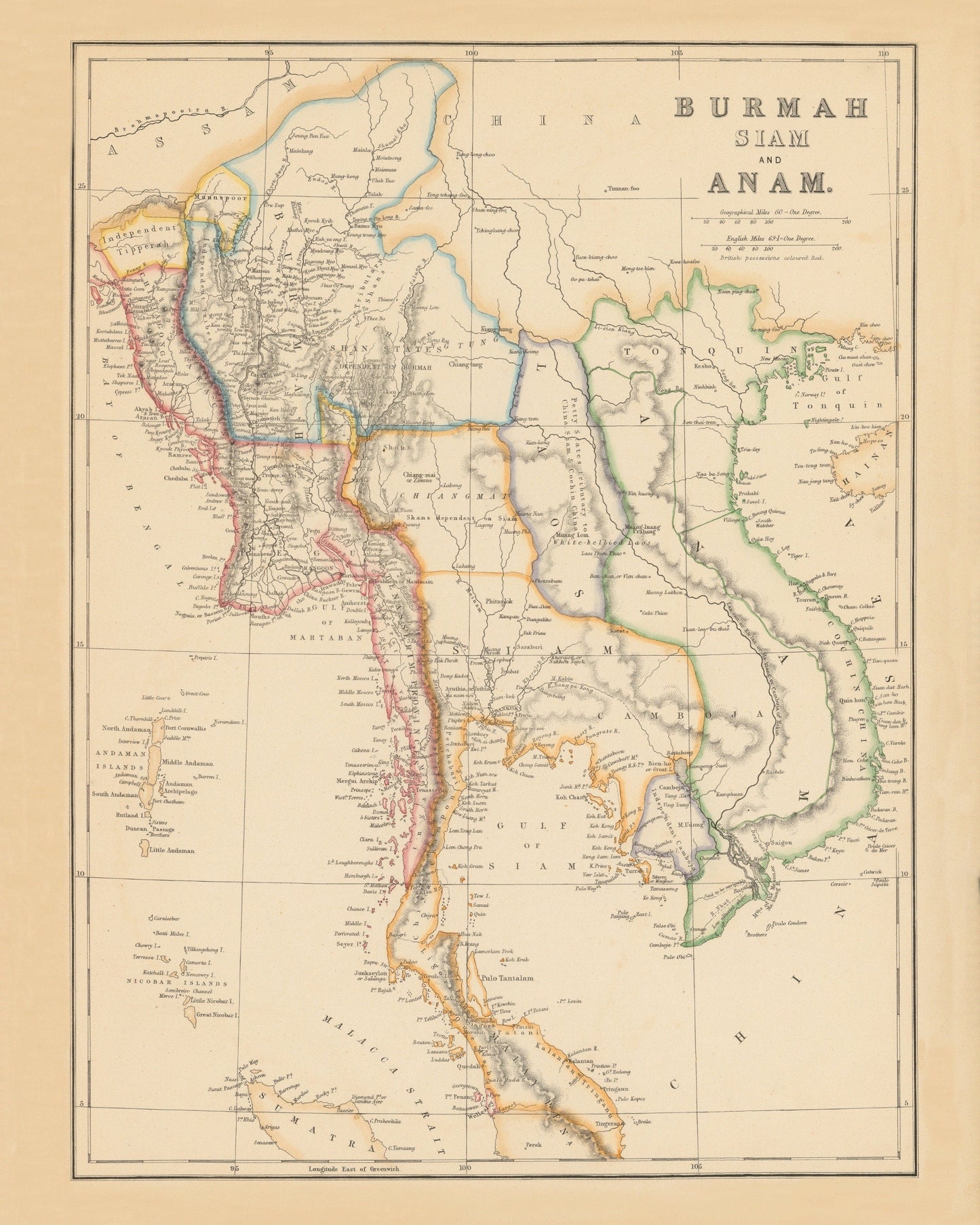 Burmah, Siam and Anam Map dated 1859