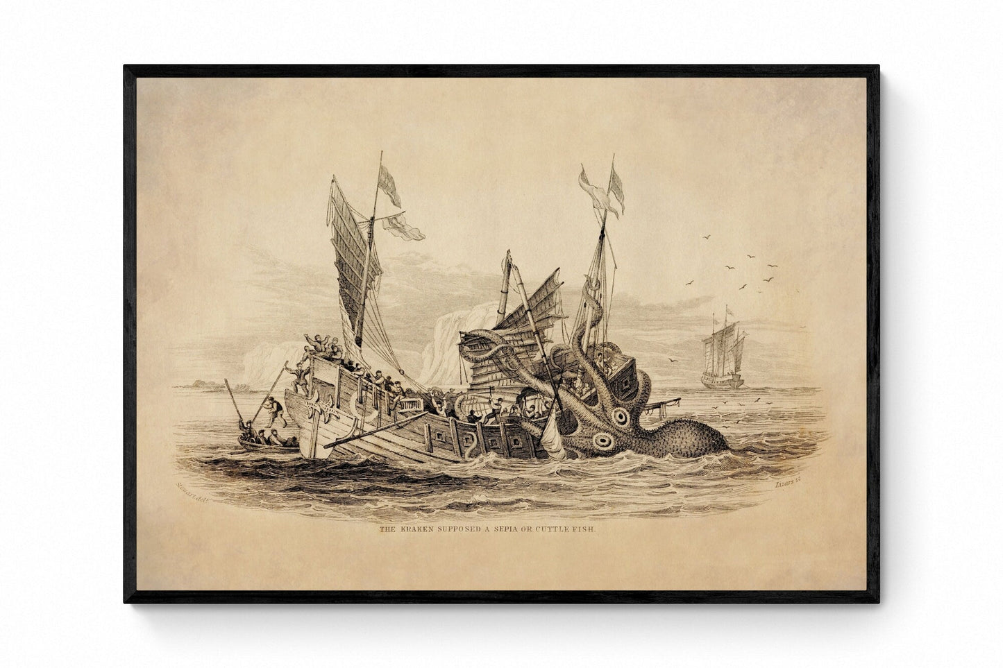 Kraken attacking Ship Print dated 1839