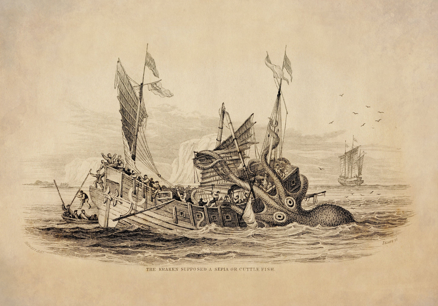 Kraken attacking Ship Print dated 1839