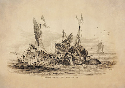 Kraken attacking Ship Print dated 1839